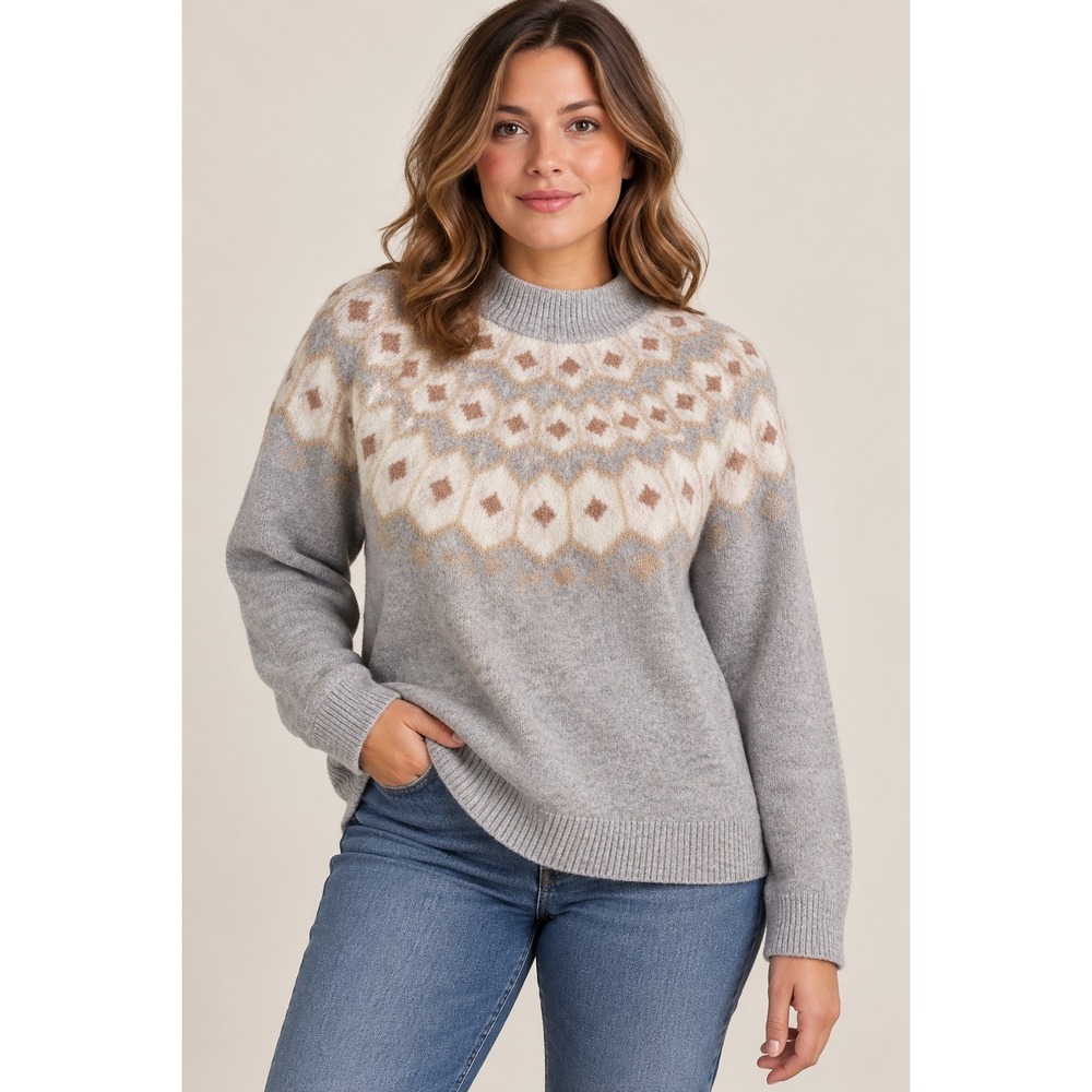 J.Crew Grey Fair Isle Metallic Wool Blend Crewneck Sweater CE894 HO24